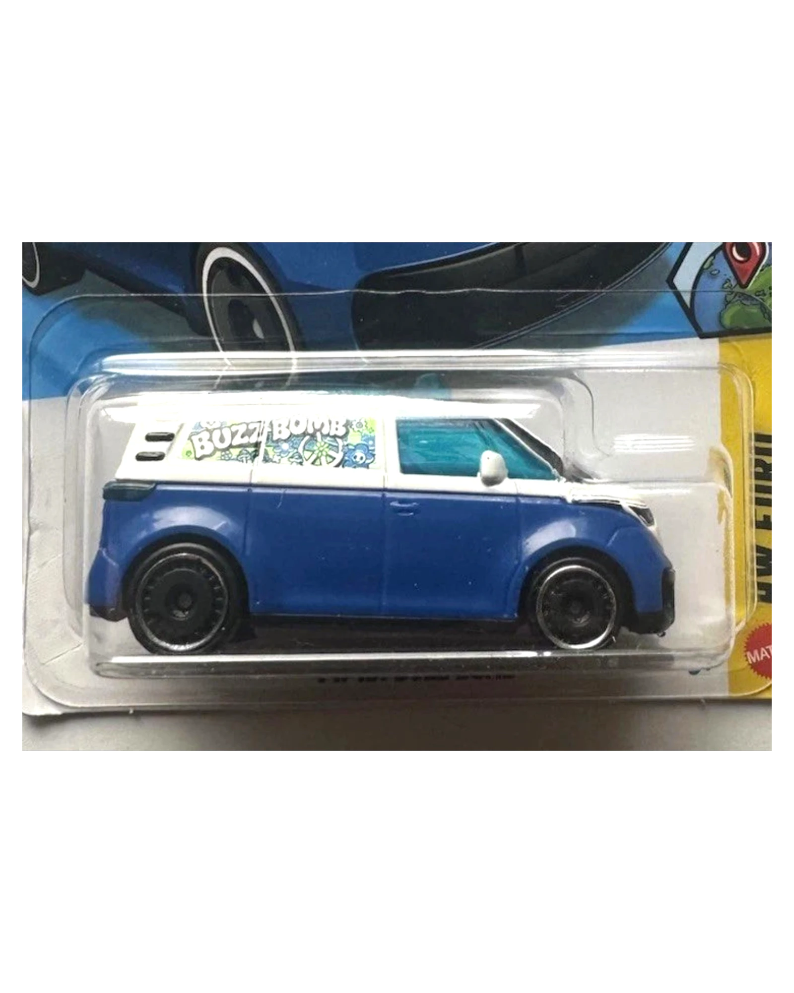 More Than Diecast blue and white VW ID. Buzz Bomb Hot Wheels toy car with "Buzz Bomb" graphic
