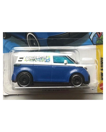 More Than Diecast blue and white VW ID. Buzz Bomb Hot Wheels toy car with "Buzz Bomb" graphic
