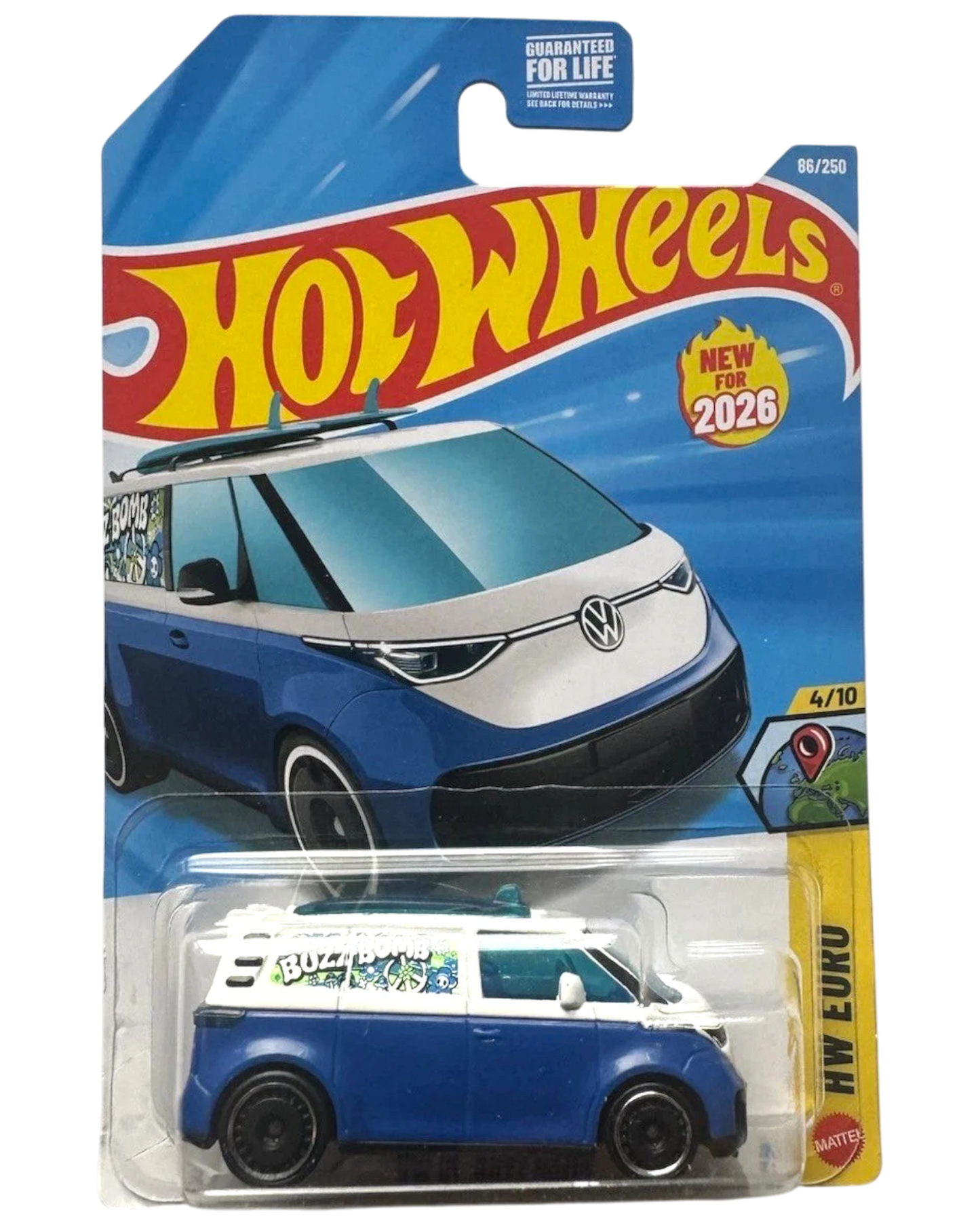 More Than Diecast blue and white 2026 Hot Wheels VW ID. Buzz Bomb toy car with surfboards on roof.