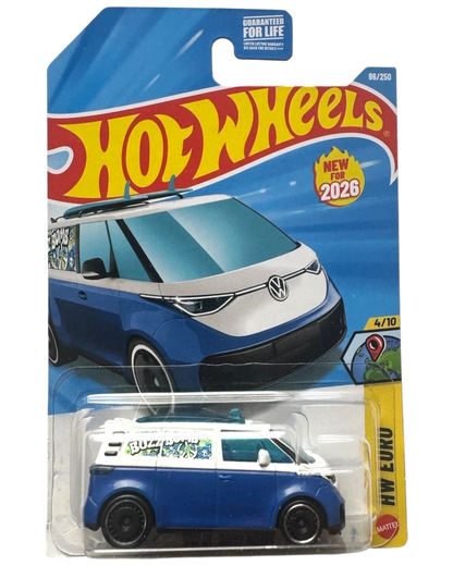 More Than Diecast blue and white 2026 Hot Wheels VW ID. Buzz Bomb toy car with surfboards on roof.