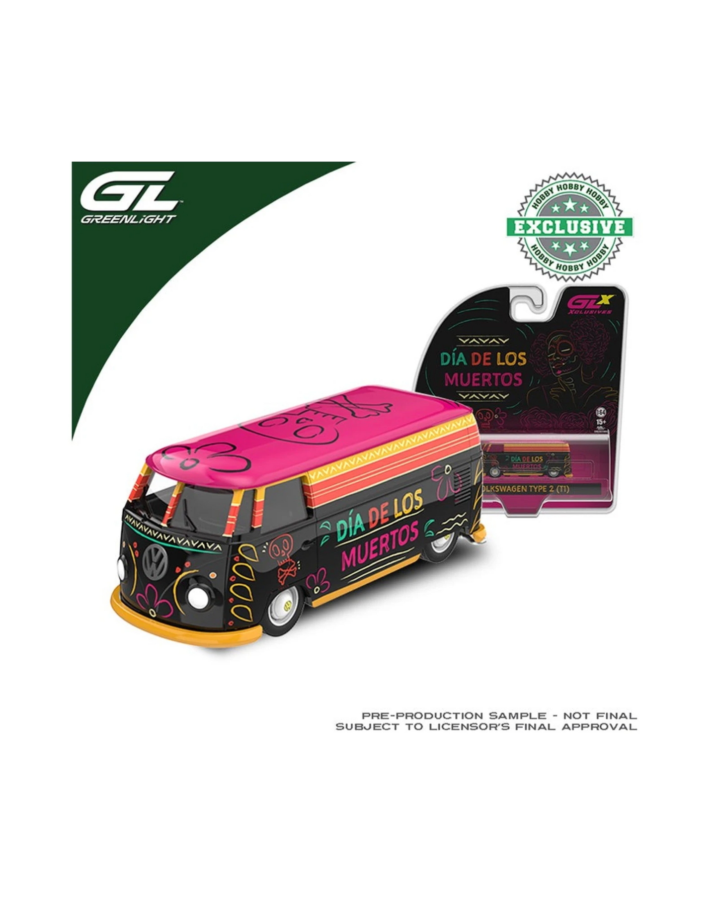 More Than Diecast Greenlight 1:64 Volkswagen Type 2 die-cast bus with black and pink Dia de los Muertos themed deco.