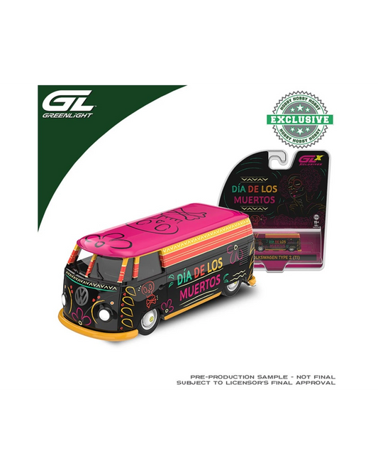 More Than Diecast Greenlight 1:64 Volkswagen Type 2 die-cast bus with black and pink Dia de los Muertos themed deco.