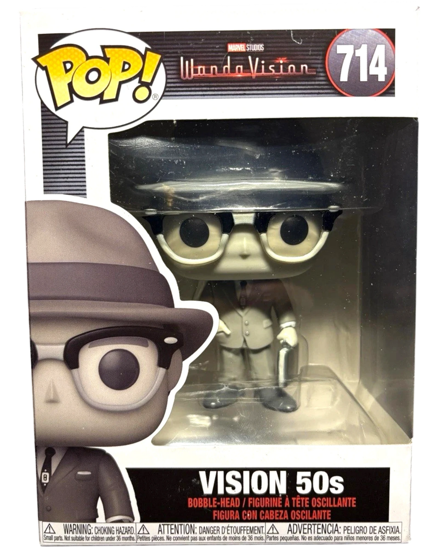 More Than Diecast Funko Pop! Marvel WandaVision Vision 50s #714 bobble-head figure in grey suit and hat.