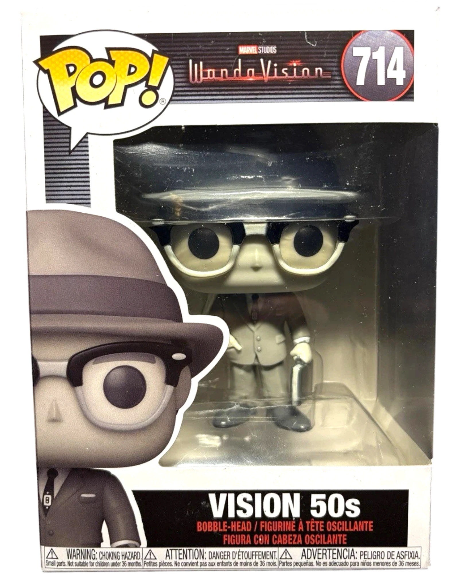More Than Diecast Funko Pop! Marvel WandaVision Vision 50s #714 bobble-head figure in grey suit and hat.