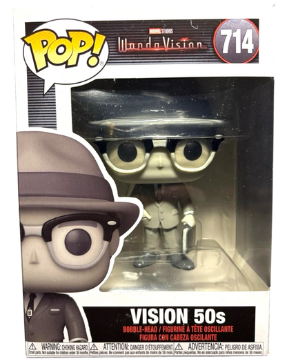 More Than Diecast Funko Pop! Marvel WandaVision Vision 50s #714 bobble-head figure in grey suit and hat.