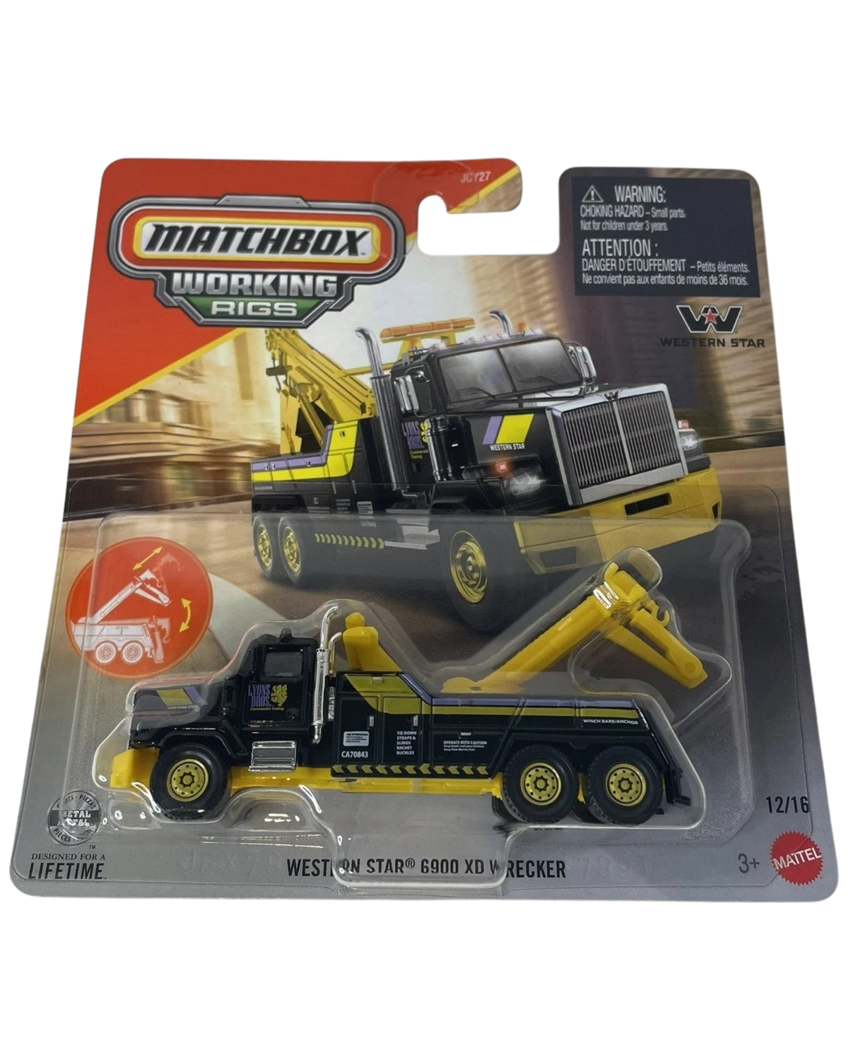More Than Diecast Matchbox Working Rigs Western Star 6900XD Wrecker toy truck in black and yellow on blister card