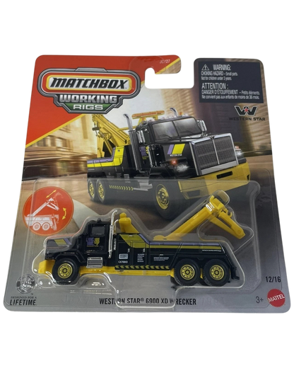 More Than Diecast Matchbox Working Rigs Western Star 6900XD Wrecker toy truck in black and yellow on blister card