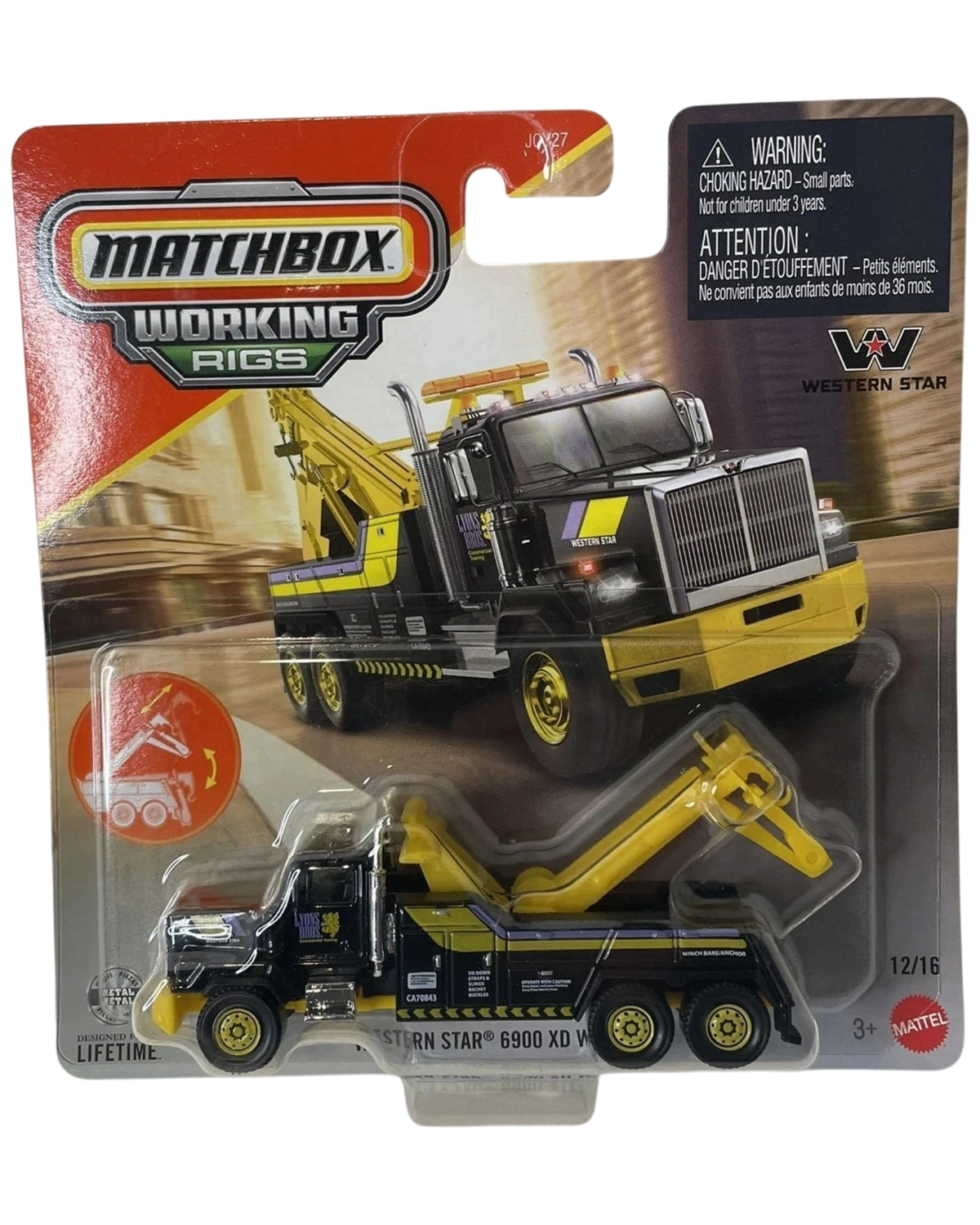 More Than Diecast Matchbox Working Rigs Western Star 6900XD Wrecker toy truck in black and yellow packaging