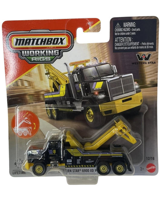 More Than Diecast Matchbox Working Rigs Western Star 6900XD Wrecker toy truck in black and yellow packaging