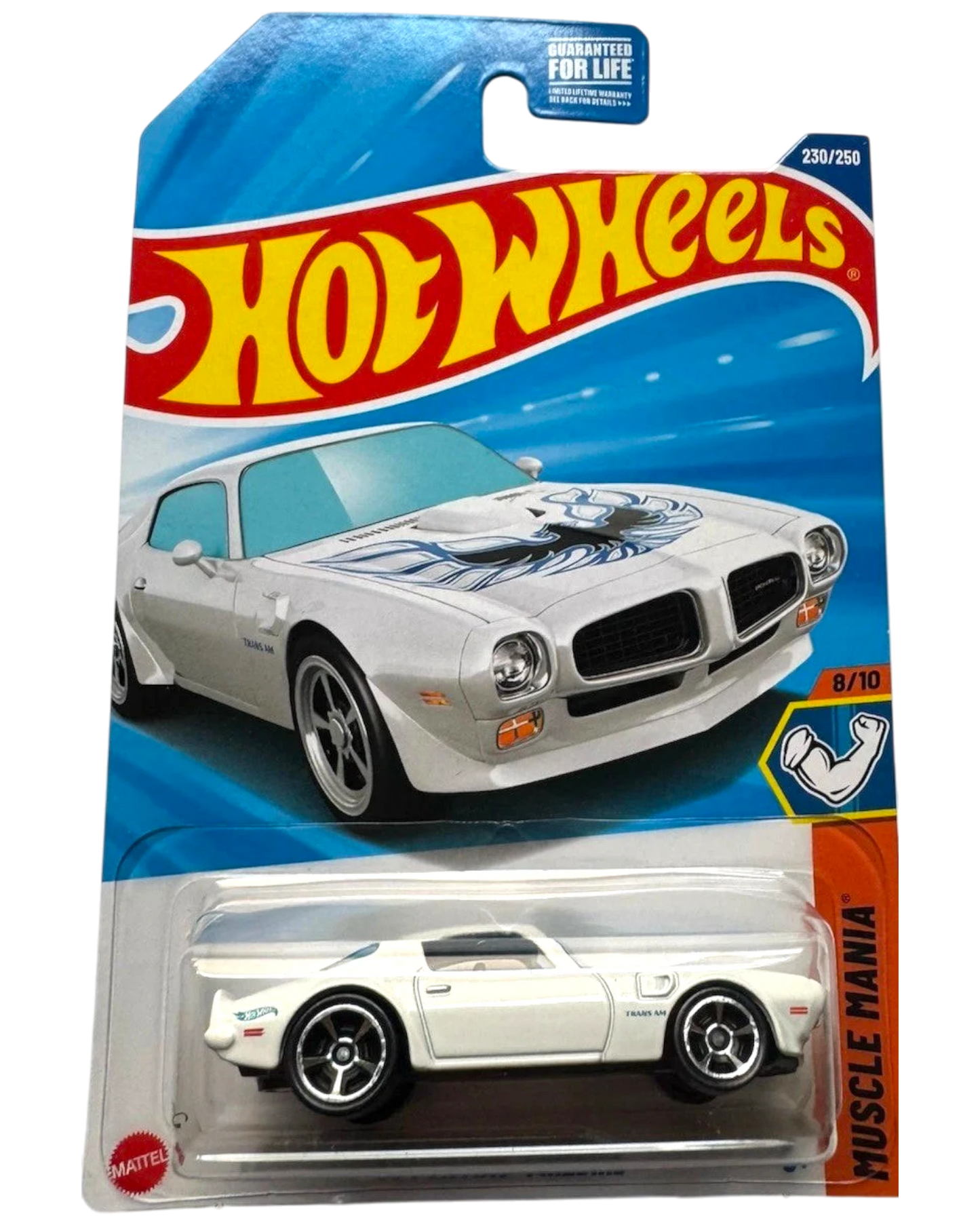 More Than Diecast white 1973 Pontiac Firebird Trans Am Hot Wheels toy car with blue flame decals on hood.