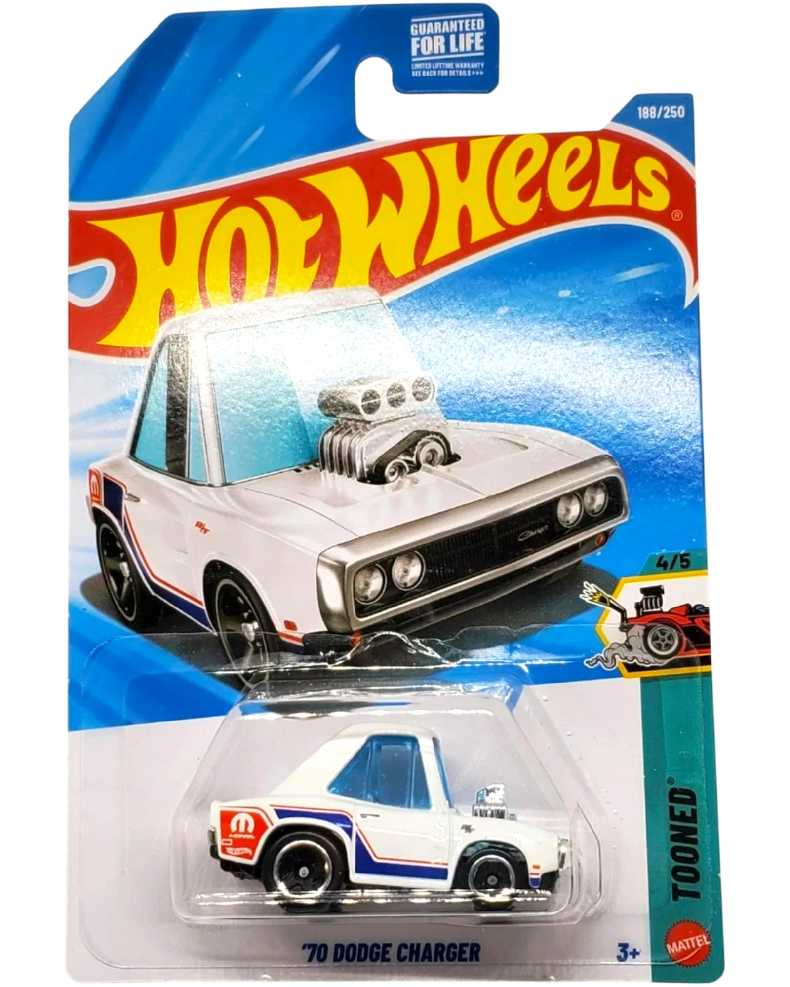 More Than Diecast Hot Wheels white 70 Dodge Charger Tooned toy car in original blister pack packaging