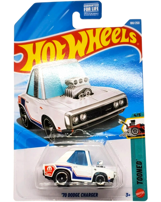 More Than Diecast Hot Wheels white 70 Dodge Charger Tooned toy car in original blister pack packaging