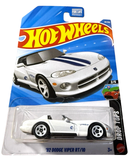 More Than Diecast white 1992 Dodge Viper RT/10 Hot Wheels Treasure Hunt diecast car with blue racing stripes.