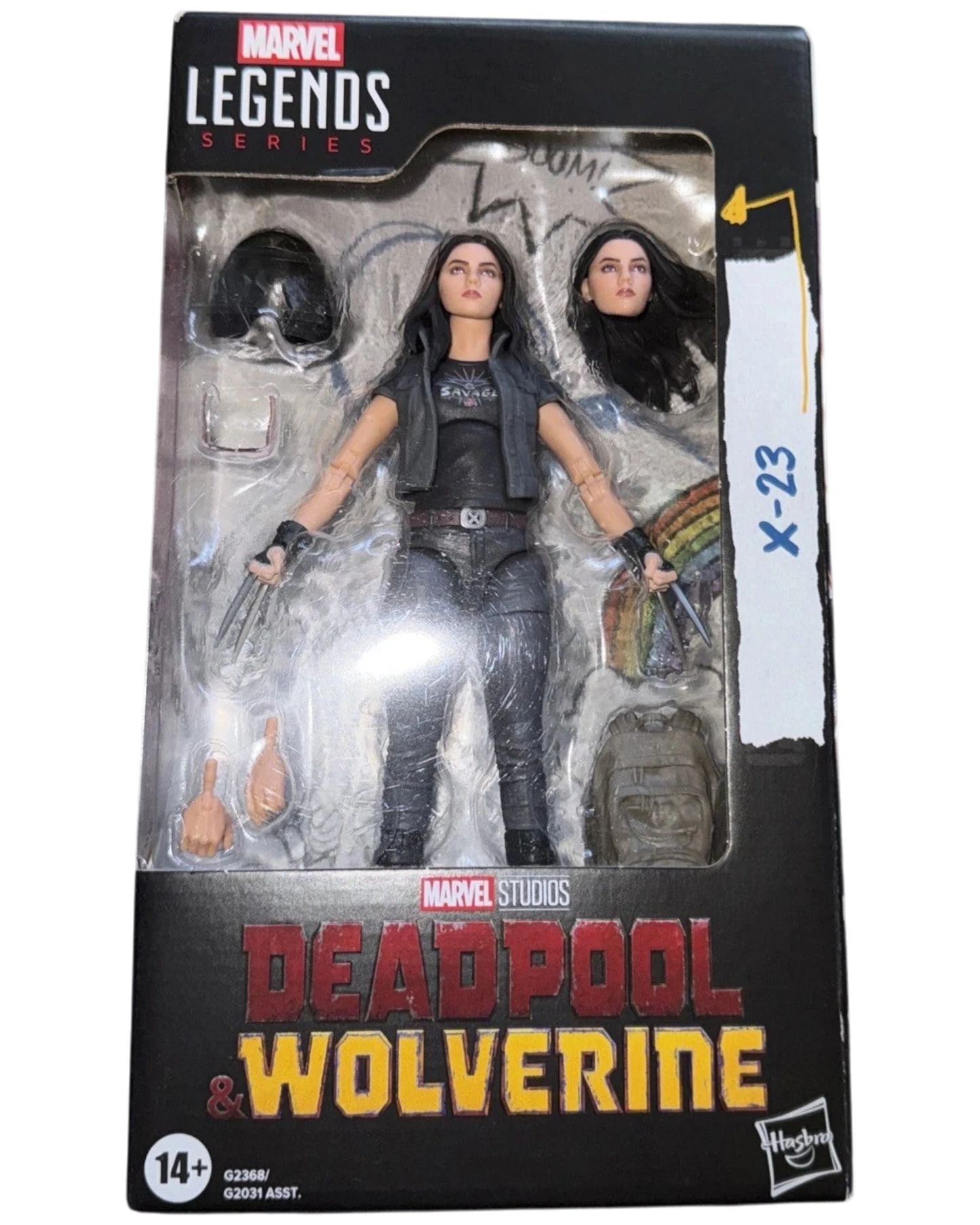 More Than Diecast Marvel Legends Deadpool & Wolverine X-23 action figure in box with accessories and alternate head