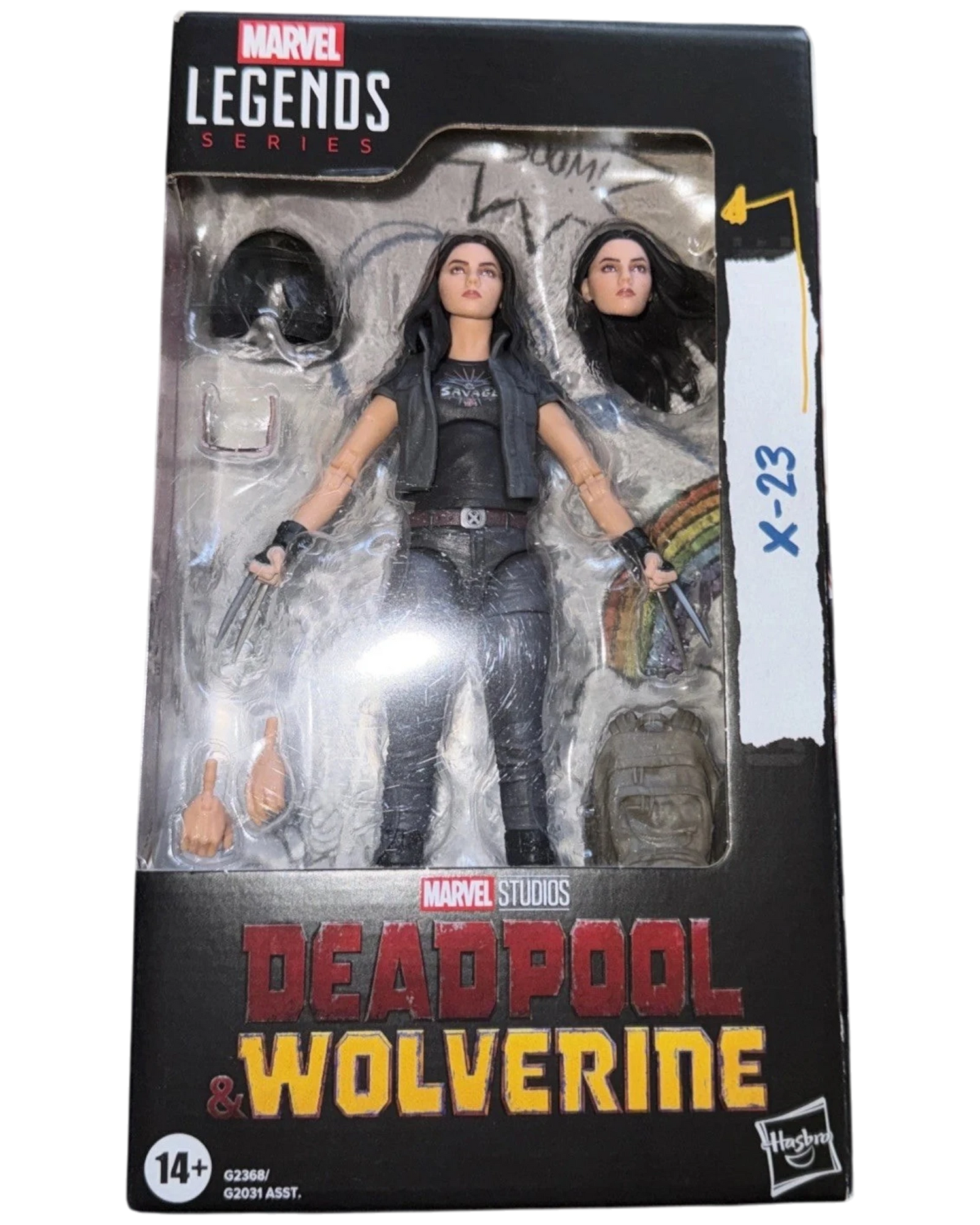 More Than Diecast Marvel Legends Deadpool & Wolverine X-23 action figure in box with accessories and alternate head