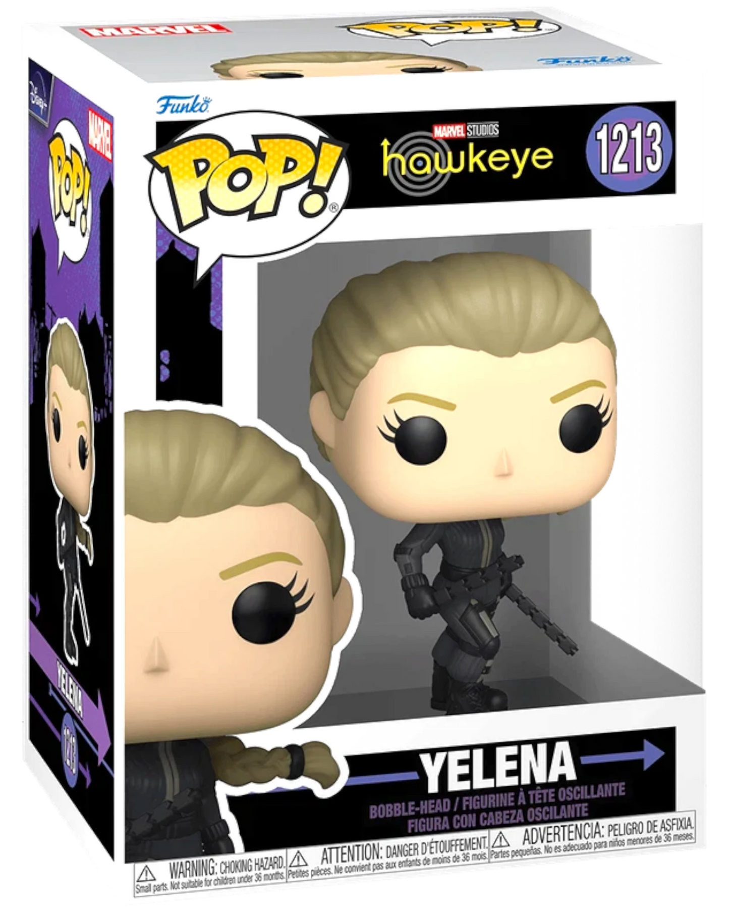 More Than Diecast Marvel Studios Hawkeye Yelena Funko Pop! #1213 vinyl bobble-head figure in black tactical suit.