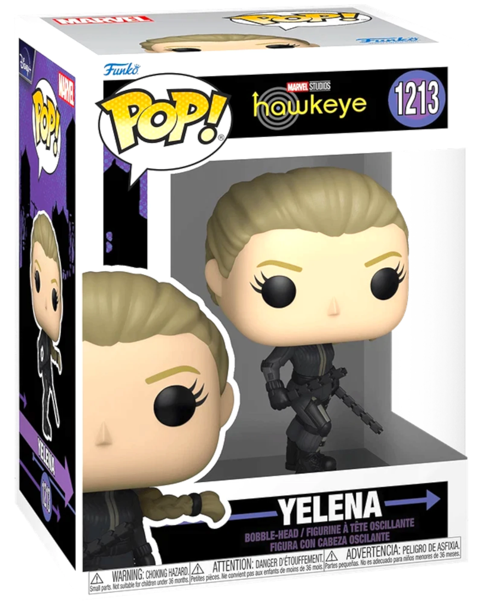 More Than Diecast Marvel Studios Hawkeye Yelena Funko Pop! #1213 vinyl bobble-head figure in black tactical suit.
