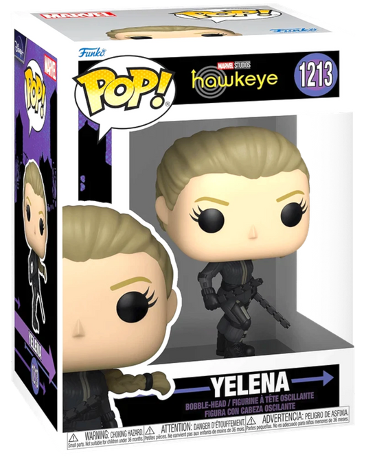 More Than Diecast Marvel Studios Hawkeye Yelena Funko Pop! #1213 vinyl bobble-head figure in black tactical suit.