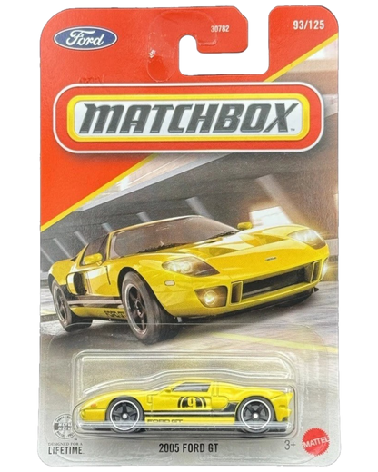 More Than Diecast 1:64 scale yellow 2005 Ford GT die-cast car in original Matchbox Power Grab blister packaging.