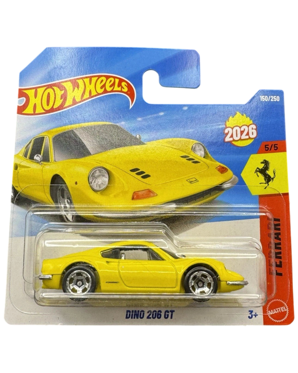 More Than Diecast Hot Wheels yellow Ferrari Dino 206 GT 1:64 scale die-cast car in short card packaging