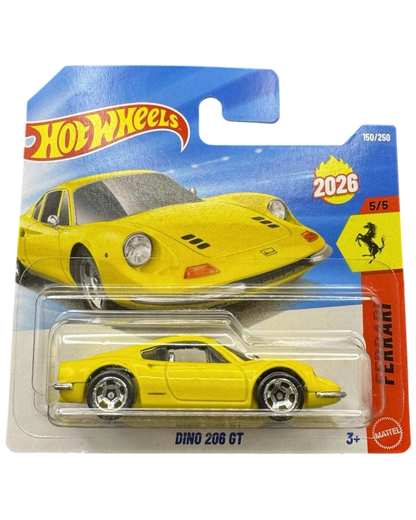 More Than Diecast Hot Wheels yellow Ferrari Dino 206 GT 1:64 scale die-cast car in short card packaging