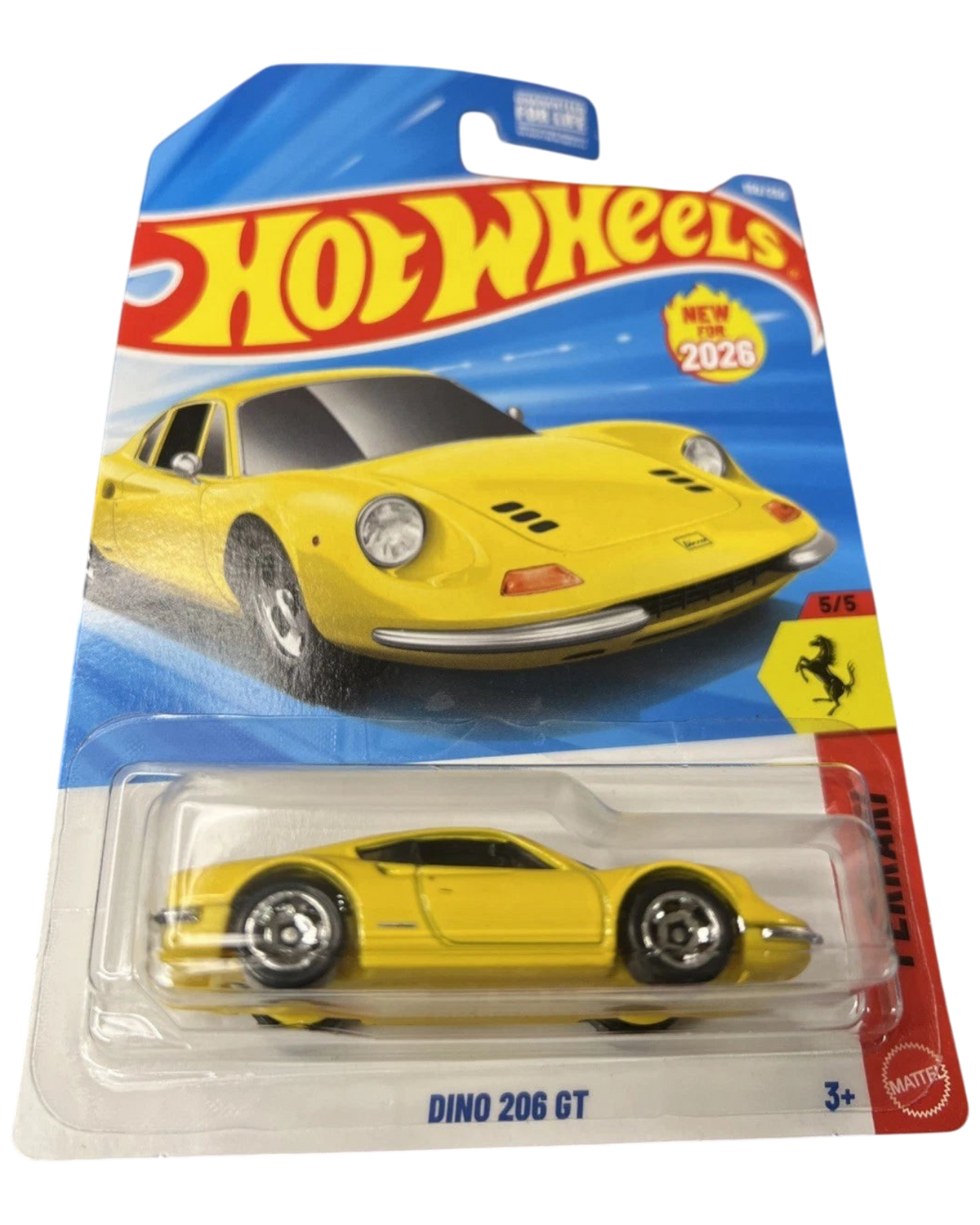 More Than Diecast Hot Wheels Dino 206 GT yellow die-cast car in original blister pack packaging