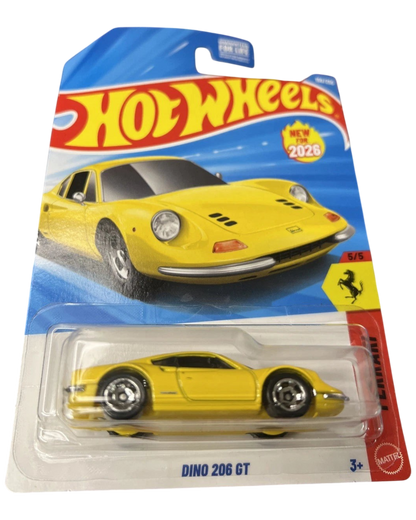 More Than Diecast Hot Wheels Dino 206 GT yellow die-cast car in original blister pack packaging