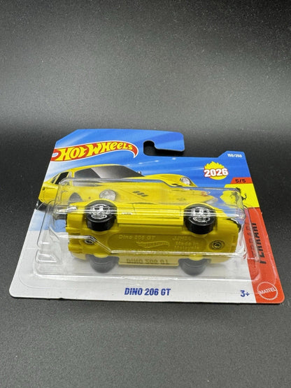 More Than Diecast Hot Wheels yellow Ferrari Dino 206 GT 1:64 scale die-cast car in short card packaging