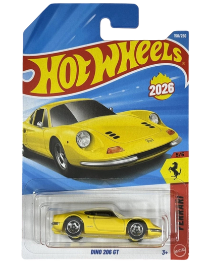 More Than Diecast Hot Wheels Dino 206 GT yellow Ferrari sports car toy in original blister card packaging