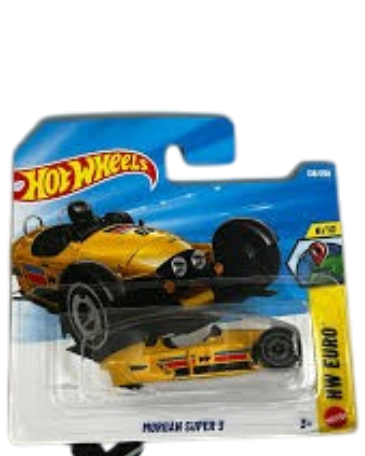 More Than Diecast Hot Wheels yellow Morgan Super 3 1:64 scale die-cast car in original blister packaging