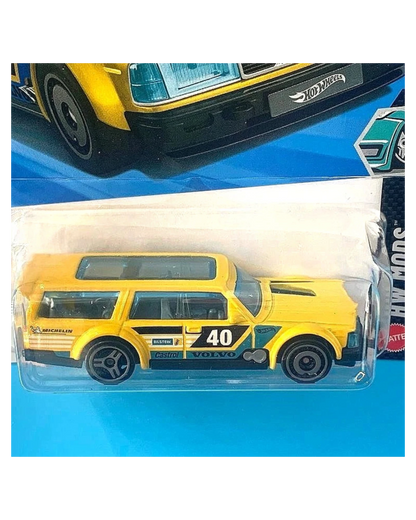 More Than Diecast Hot Wheels Volvo 240 Drift Wagon in yellow with racing decals and wide-body aero in blister pack