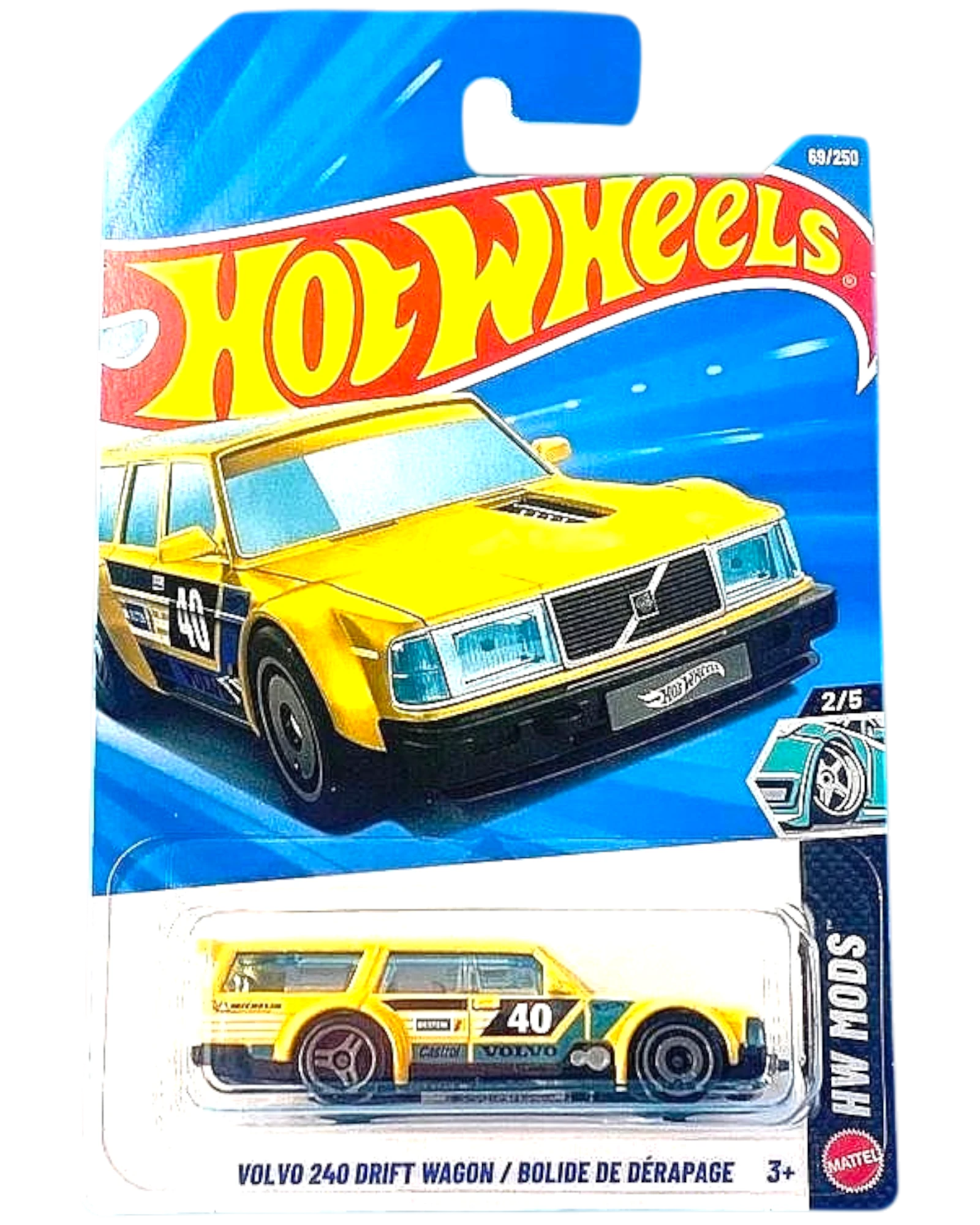 More Than Diecast Hot Wheels Volvo 240 Drift Wagon in yellow, 1:64 scale die-cast car from the HW Mods series.