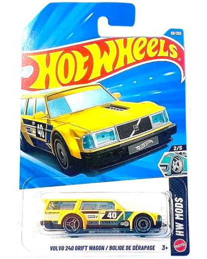More Than Diecast Hot Wheels Volvo 240 Drift Wagon in yellow, 1:64 scale die-cast car from the HW Mods series.