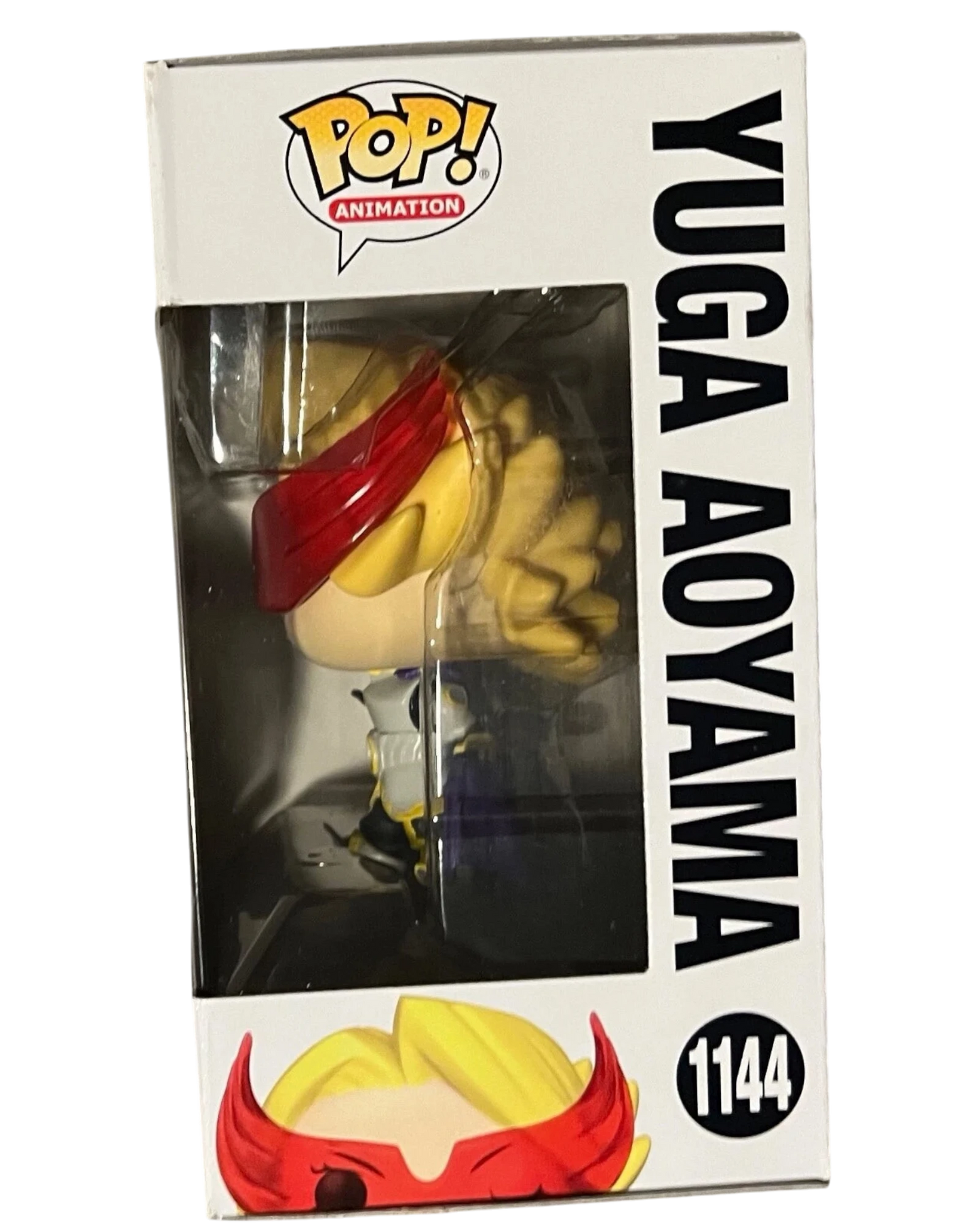 More Than Diecast My Hero Academia Yuga Aoyama Funko Pop! Vinyl #1144 figure in box. Blonde hair, red visor, purple and white outfit.
