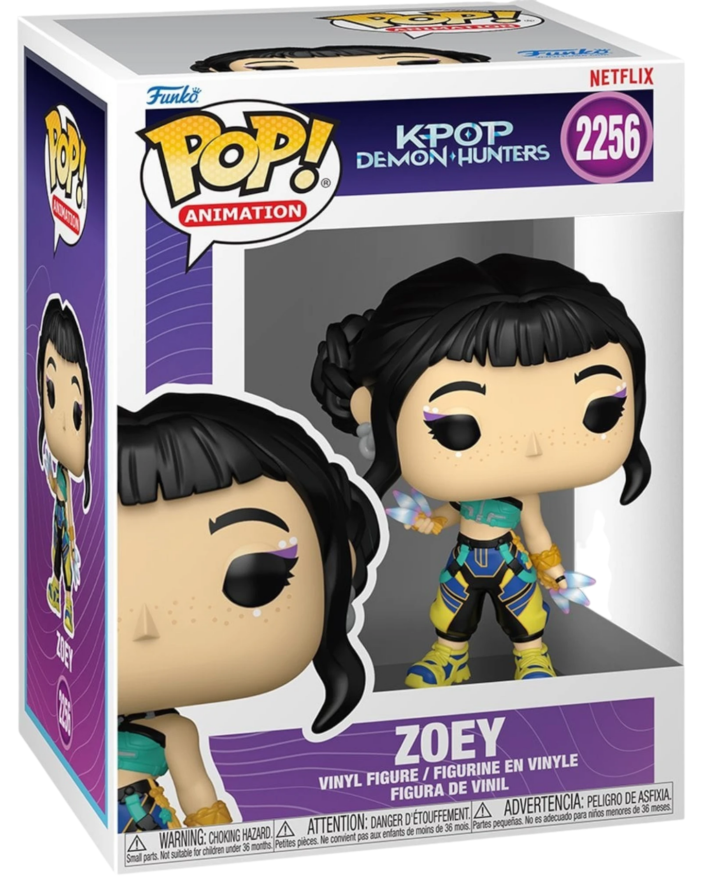 More Than Diecast KPop Demon Hunters Zoey Funko Pop! vinyl figure #2256 in window display box with teal and yellow outfit