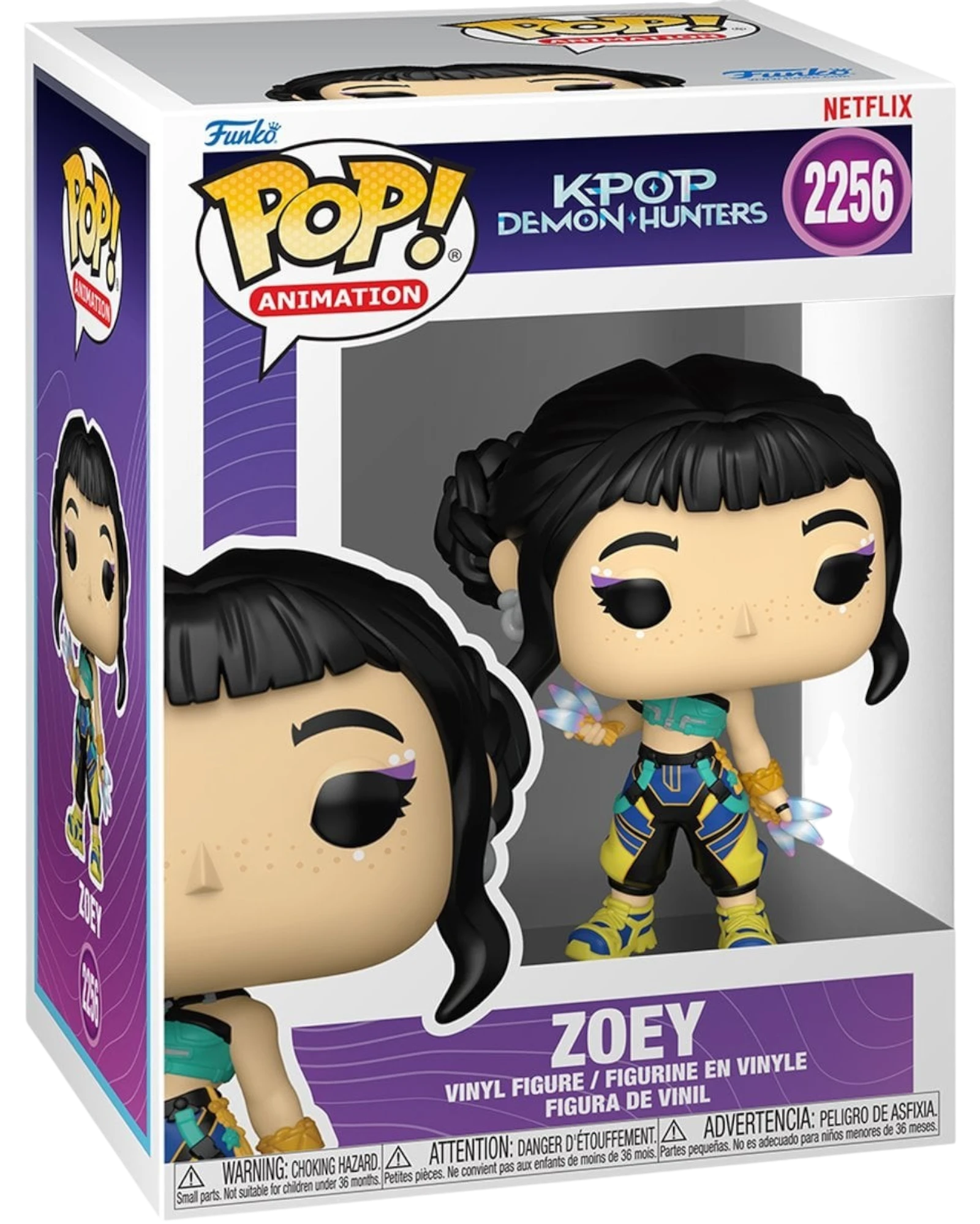 More Than Diecast KPop Demon Hunters Zoey Funko Pop! vinyl figure #2256 in window display box with teal and yellow outfit