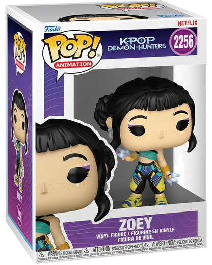 More Than Diecast KPop Demon Hunters Zoey Funko Pop! vinyl figure #2256 in window display box with teal and yellow outfit