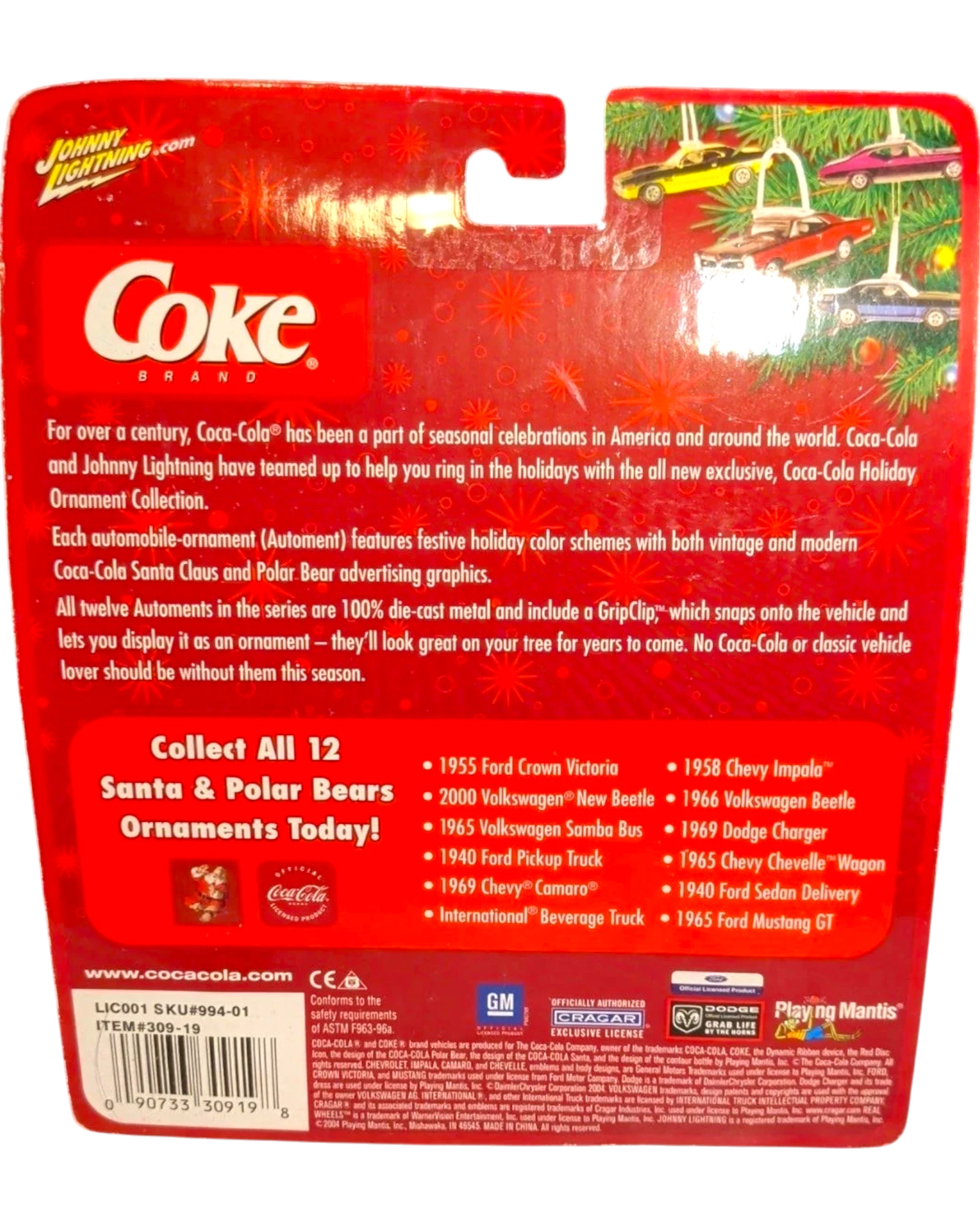 Johnny Lightning Coca-Cola 1969 Chevy Camaro die-cast holiday ornament, sealed in packaging.