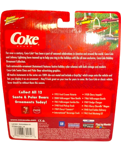 Johnny Lightning Coca-Cola 1969 Chevy Camaro die-cast holiday ornament, sealed in packaging.