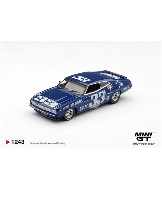 More Than Diecast 1:64 scale blue Ford XB Falcon GT race car with #33 and Brut livery, Australian flag detail.