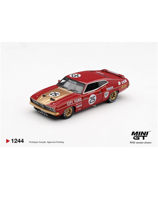 More Than Diecast 1:64 scale red Ford XB Falcon GT race car with gold accents and #25 livery, 1975 Bathurst 1000 Allan Moffat.
