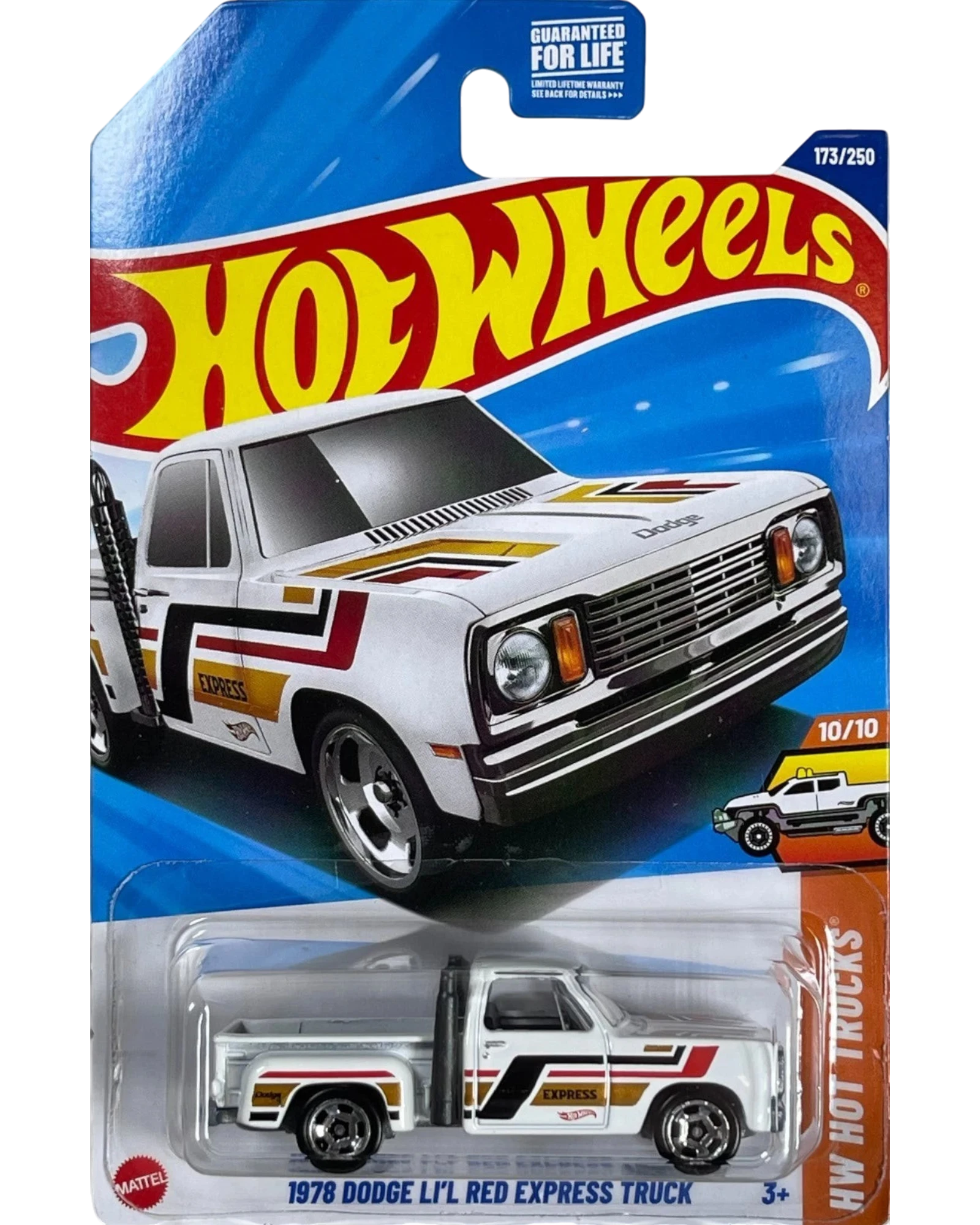More Than Diecast 1978 Dodge Li'l Red Express Truck, white die-cast with red and gold racing stripes, twin exhaust stacks, and