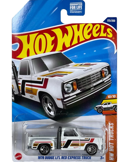 More Than Diecast 1978 Dodge Li'l Red Express Truck, white die-cast with red and gold racing stripes, twin exhaust stacks, and