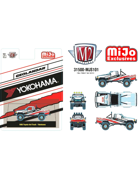 More Than Diecast M2 Machines 1:64 scale white 1985 Toyota 4x4 pickup with Yokohama Geolandar tires, MiJo edition.