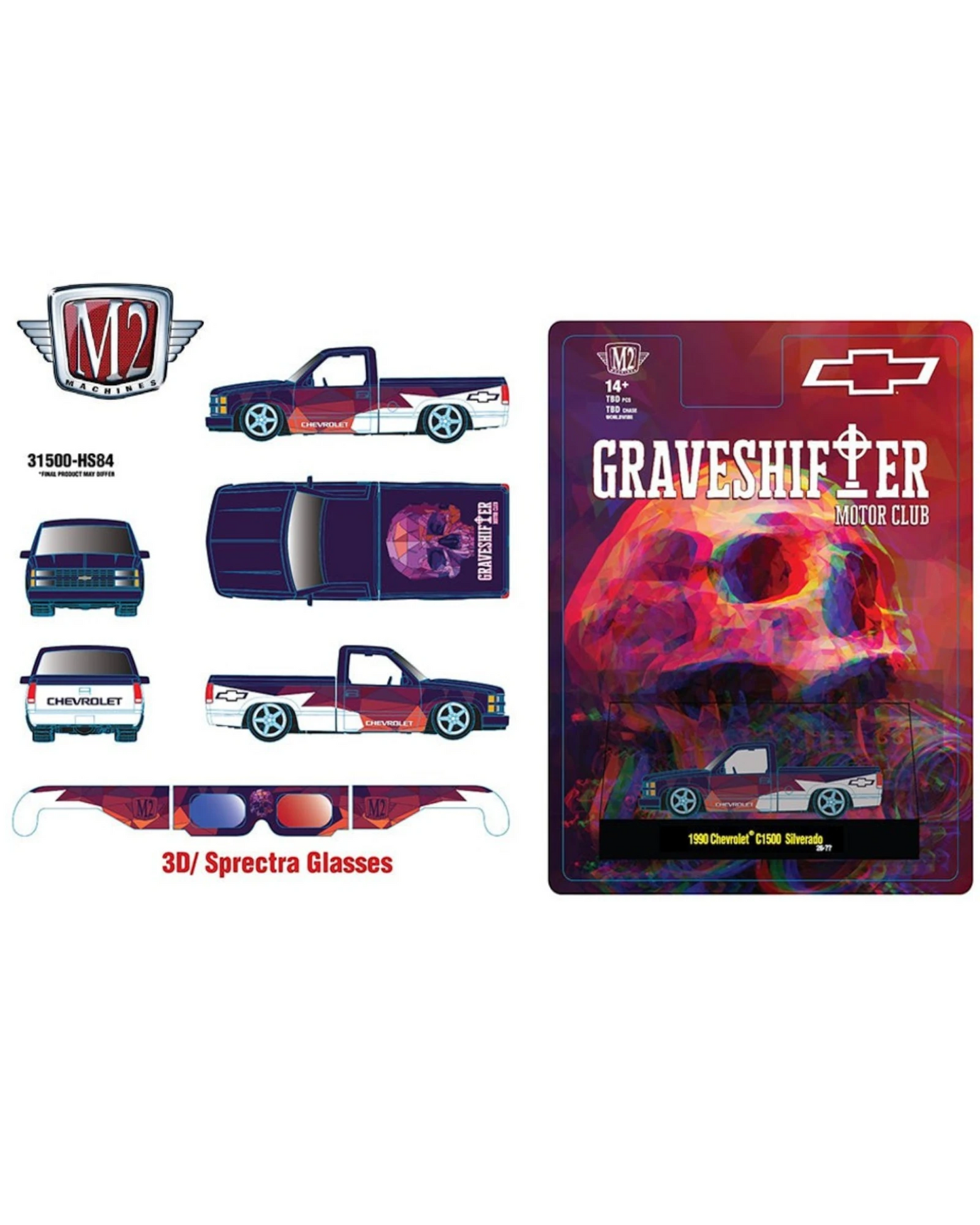 More Than Diecast 1:64 scale 1990 Chevrolet C1500 Silverado die-cast truck in red and white with Graveshifter Motor Club graphics and 3D Spectra glasses.