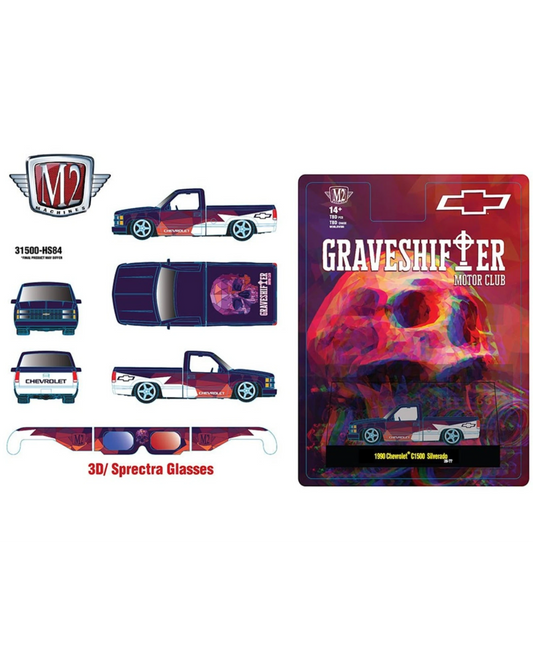 More Than Diecast 1:64 scale 1990 Chevrolet C1500 Silverado die-cast truck in red and white with Graveshifter Motor Club graphics and 3D Spectra glasses.