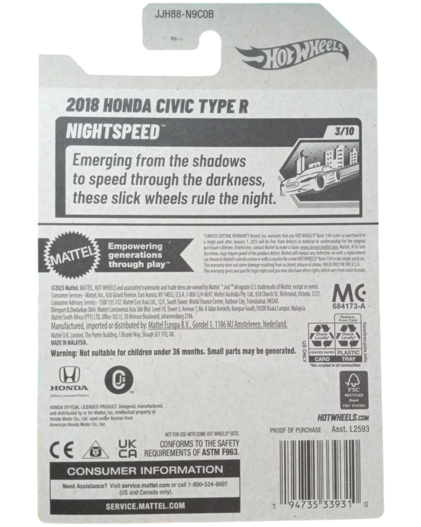 More Than Diecast 2018 Honda Civic Type R Nightspeed white 1:64 scale die-cast car with black accents and spoiler.