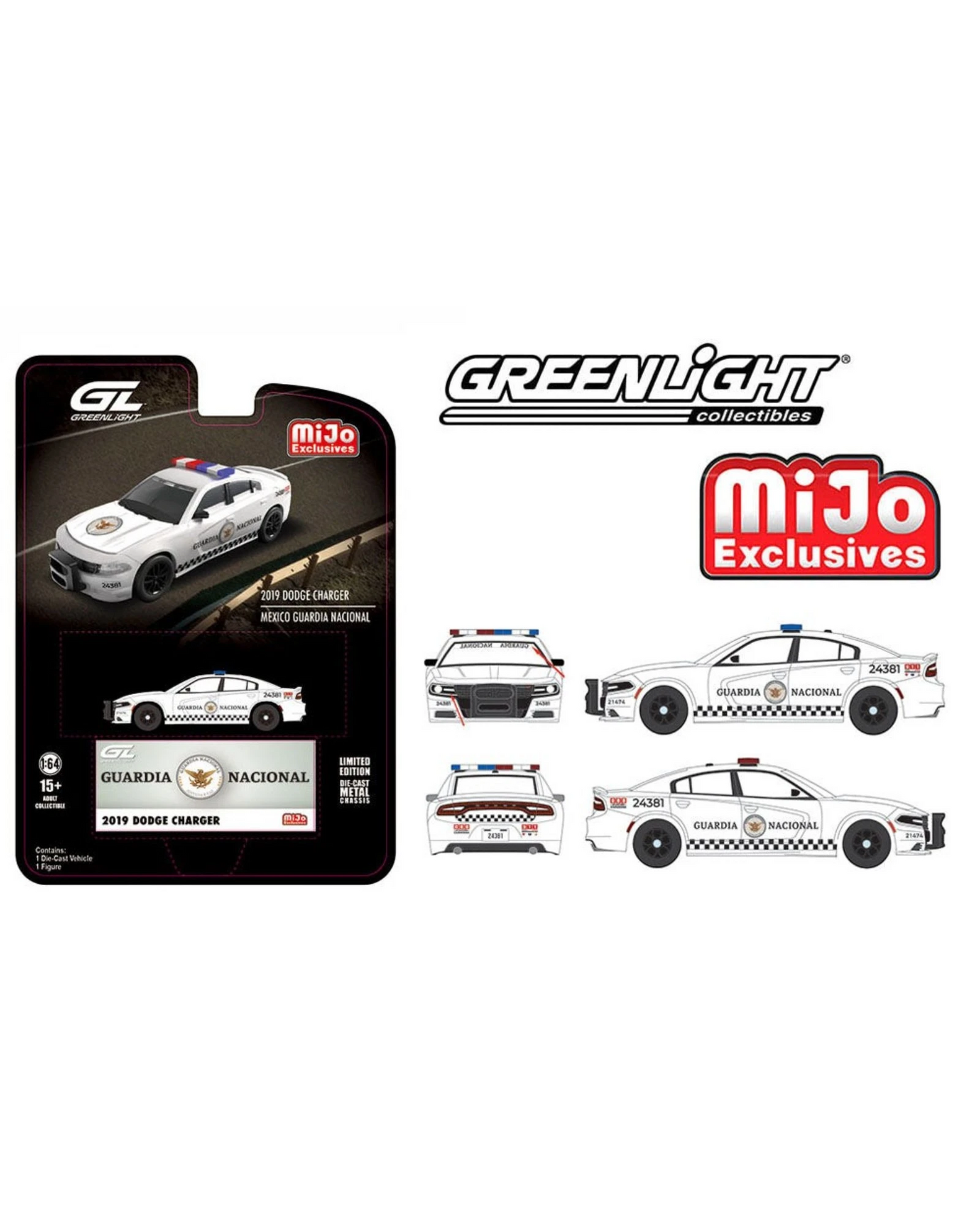 More Than Diecast 1:64 scale white 2019 Dodge Charger police car with Mexico Guardia Nacional livery and light bar.