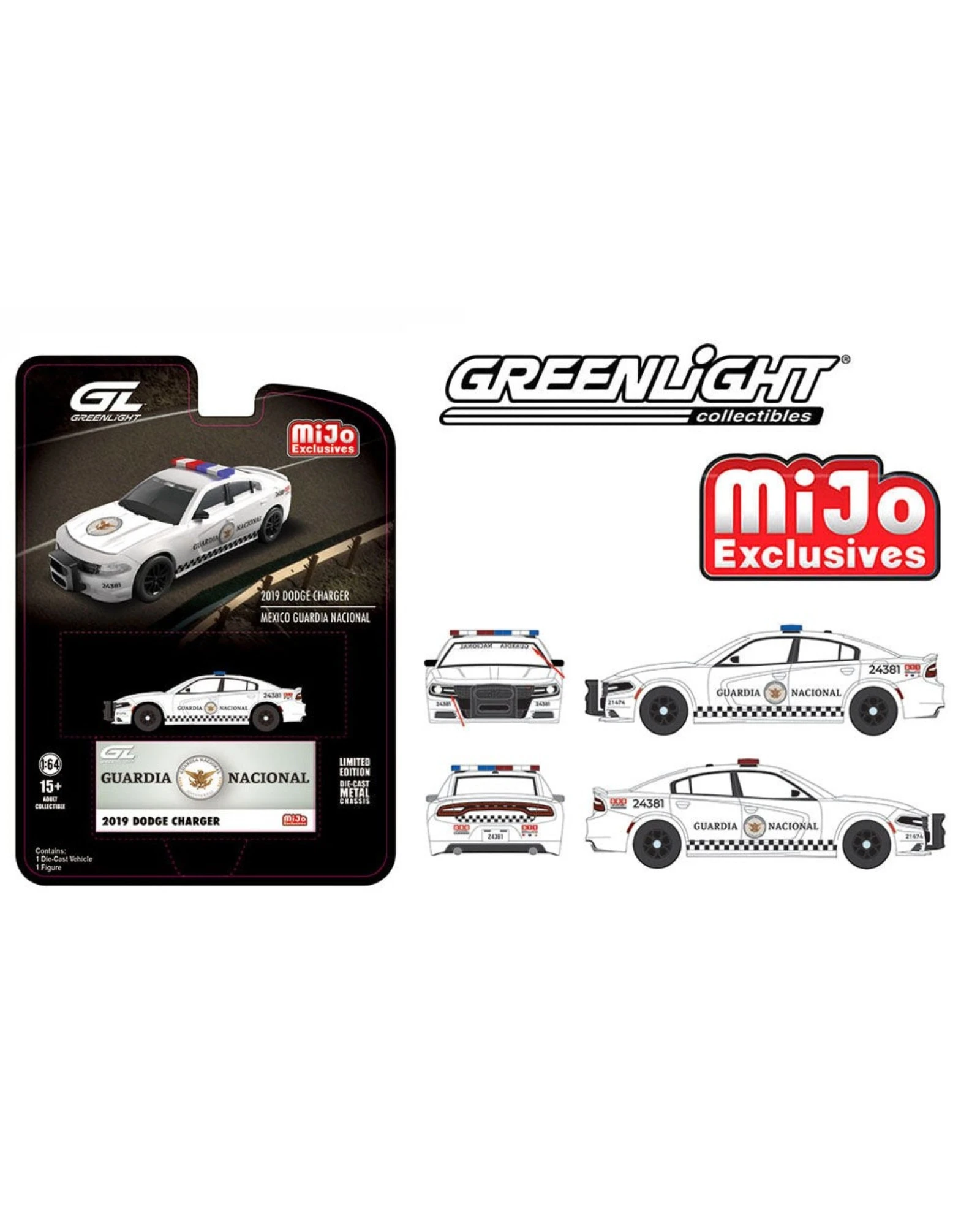 More Than Diecast 1:64 scale white 2019 Dodge Charger police car with Mexico Guardia Nacional livery and light bar.
