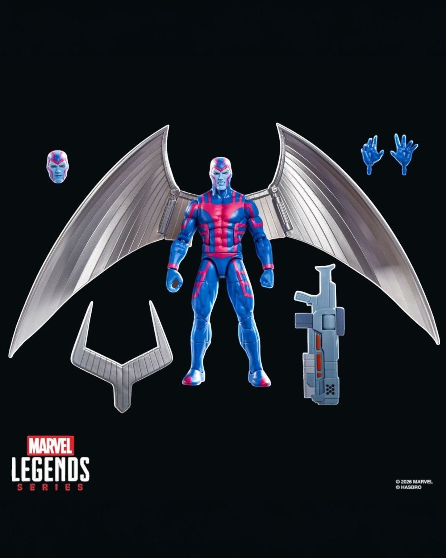 More Than Diecast Marvel Legends X-Men '97 Archangel action figure in blue and pink. Includes alternate head, hands, wings, and weapon.